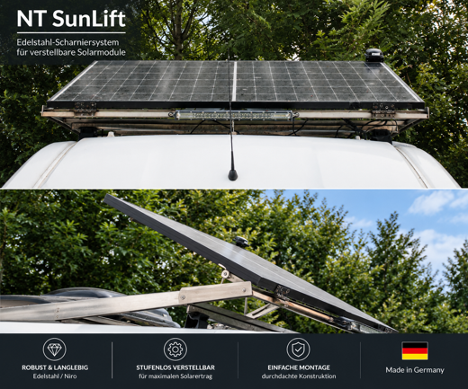 NT SunLift Edelstahl-Scharniersystem mit abgesenktem und aufgerichtetem Solarmodul