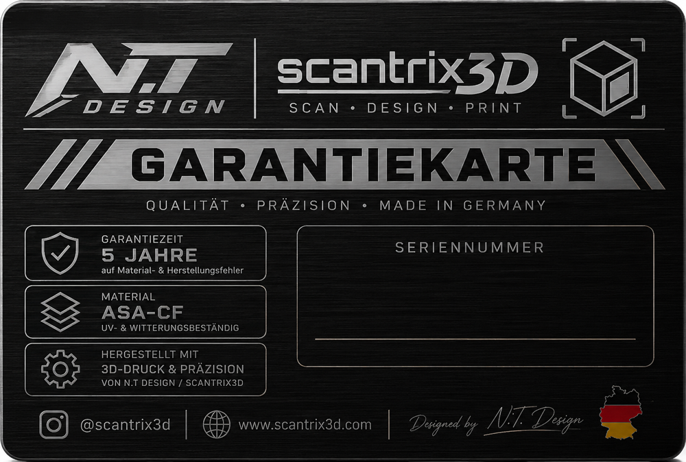 Aluminium-Garantiekarte von NT DESIGN mit Feld für die Seriennummer, liegt jeder Ducato Cockpit-Blende bei